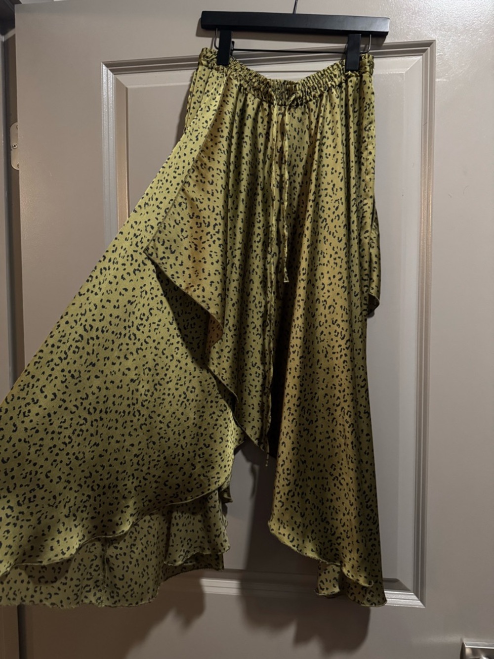 Zara Olive Green Asymmetrical Animal-Print Ruffle Skirt
